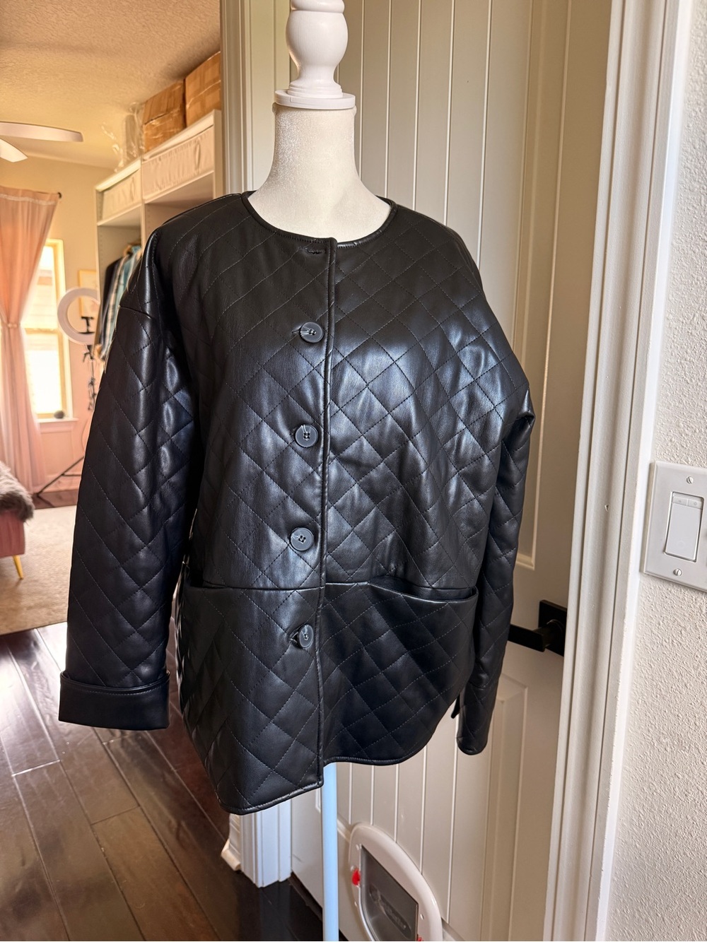 MarlaWynne Black Quilted Faux-Leather Button Jacket
